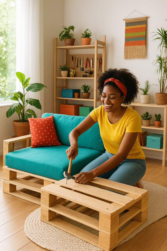 mulher fazendo sofa de paletes