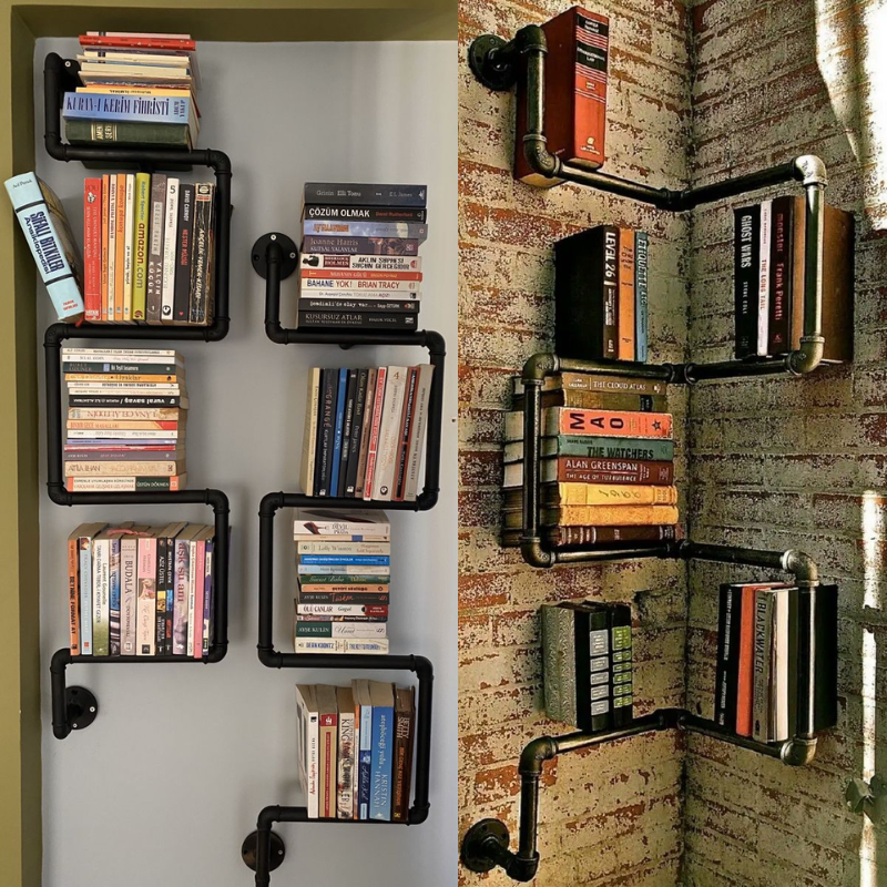 estante de livros com cano bricolagem