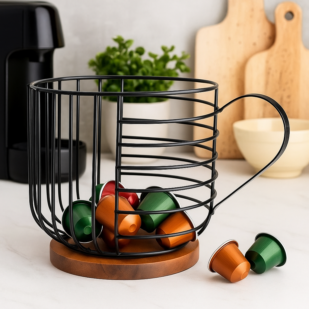cesto aramado para organizar capsulas de café