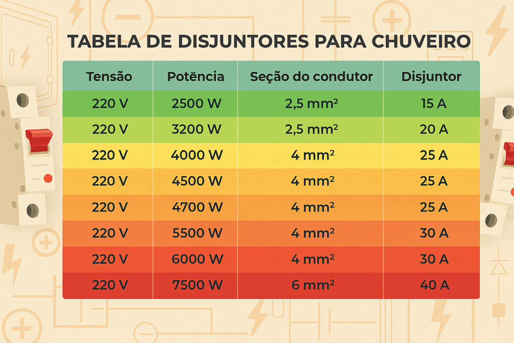 tabela de disjuntor para chuveiro